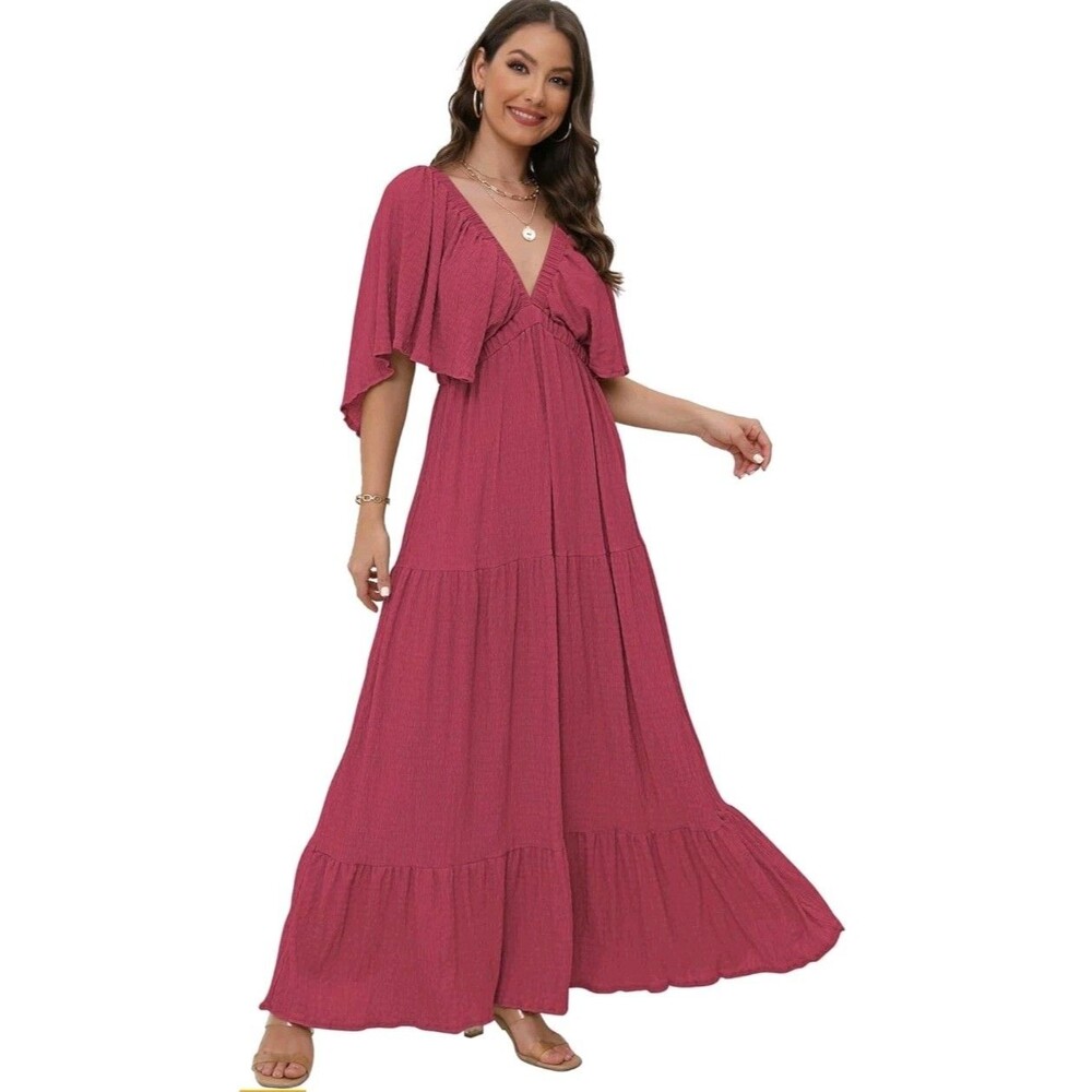Women's Summer V-Neck, Tiered Silhouette with Flutter Sleeves Maxi Dress for...